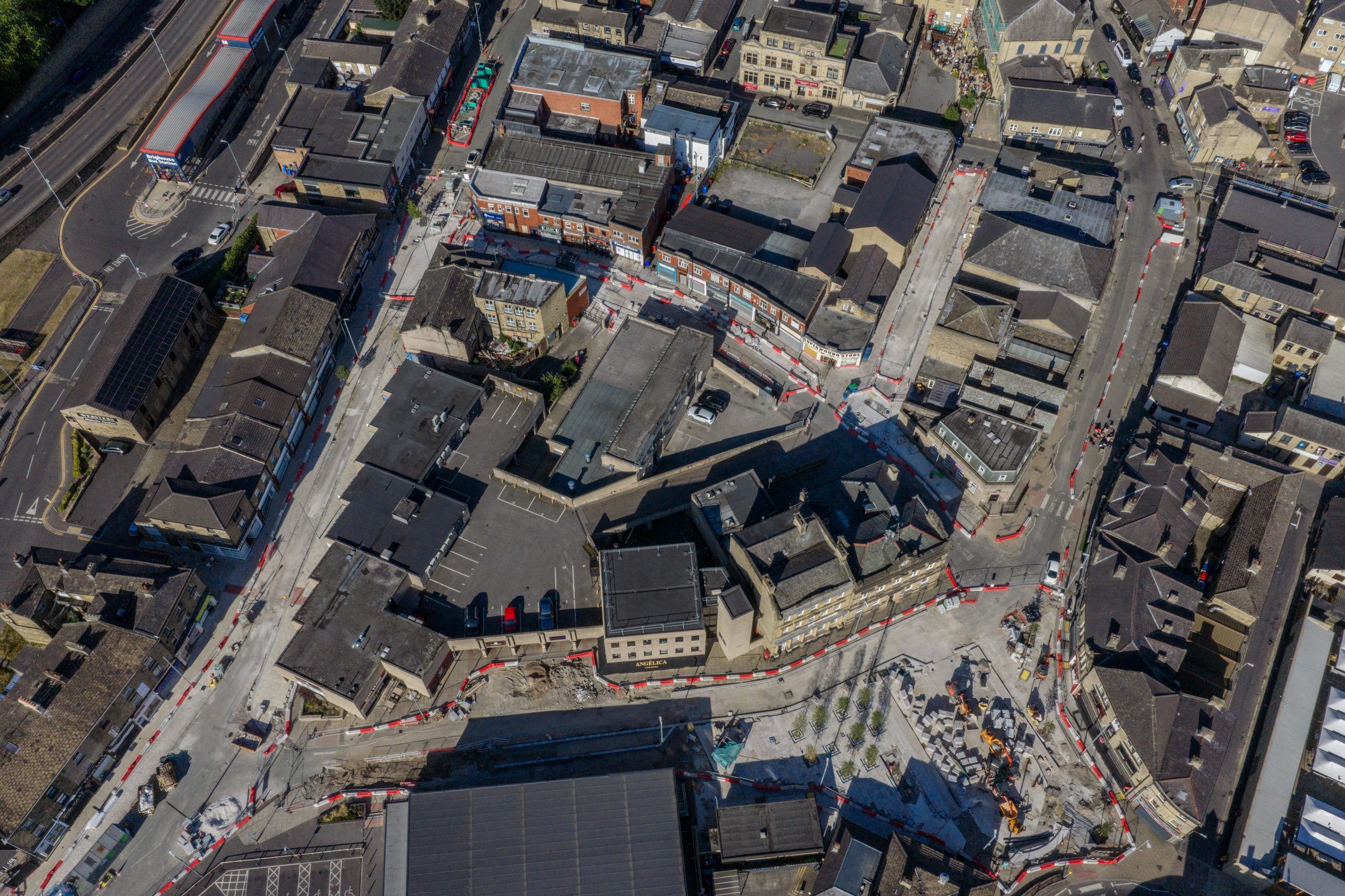 Wide top-down view of town centre works in Brighouse