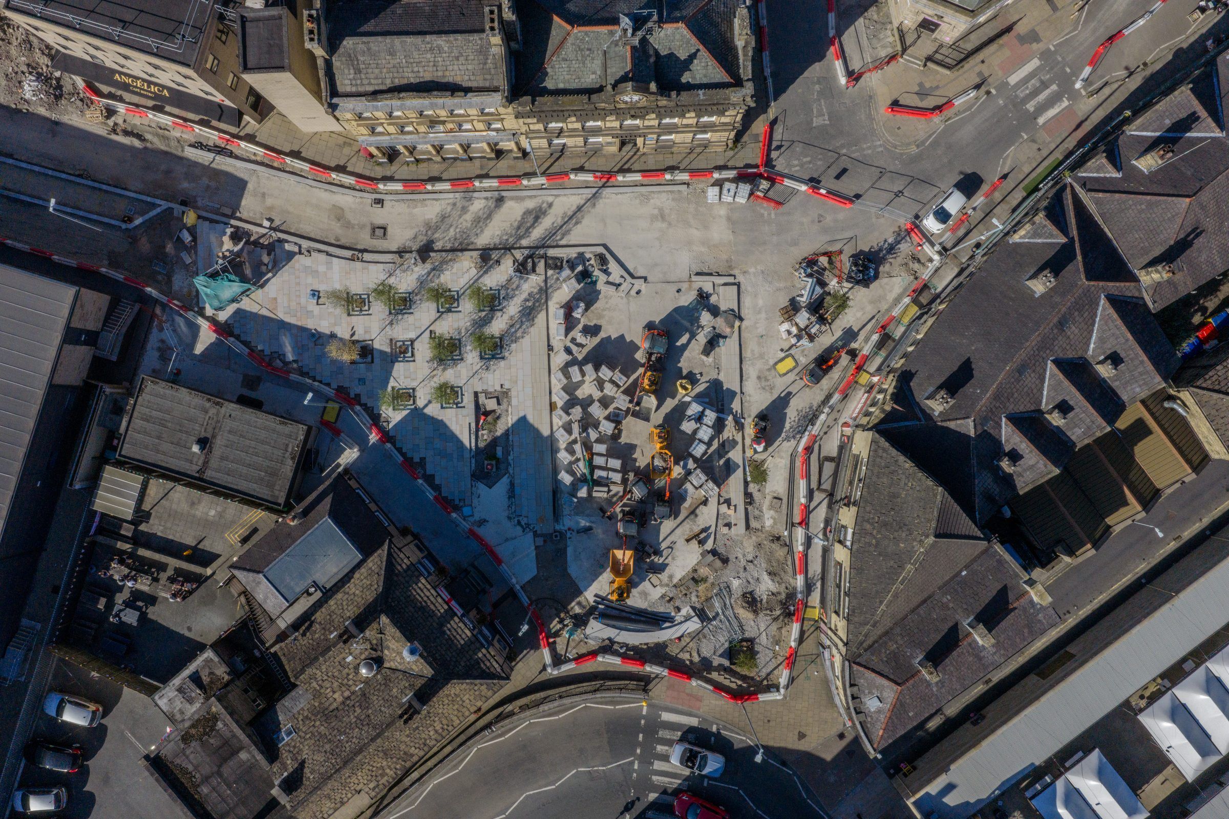 Top-down aerial of town centre works in Brighouse